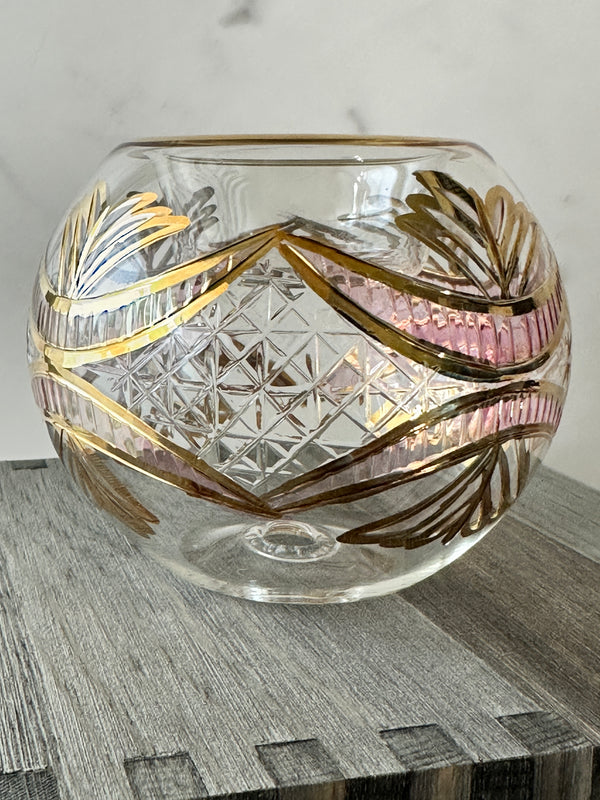 Egyptian Hand Blown Glass Tea Light Holder - Pink Etched Glass