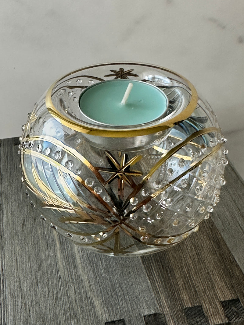 Egyptian Hand Blown Glass Tea Light Holder - Green & Clear Glass