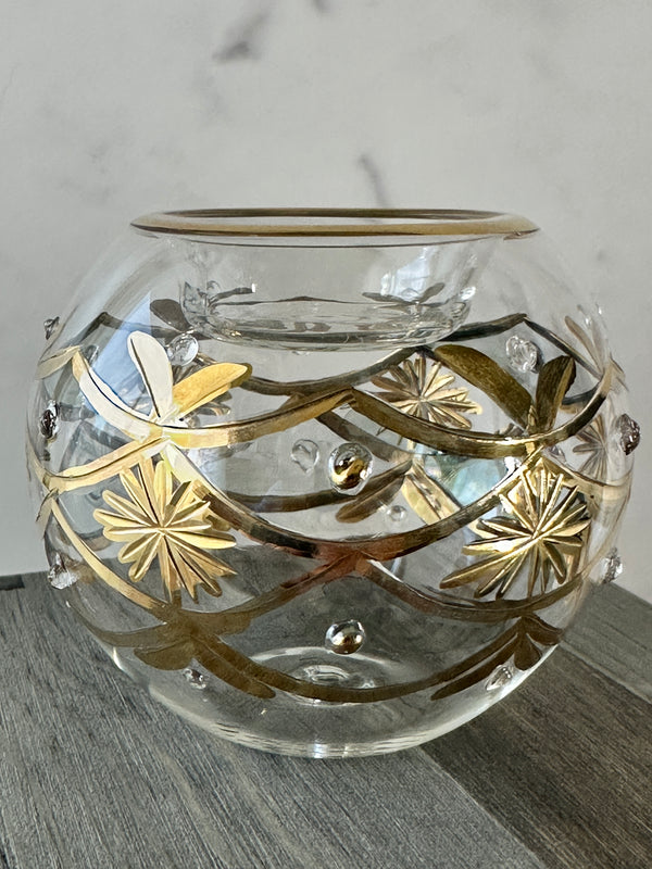 Egyptian Hand Blown Glass Tea Light Holder - Clear Glass Geometric Design