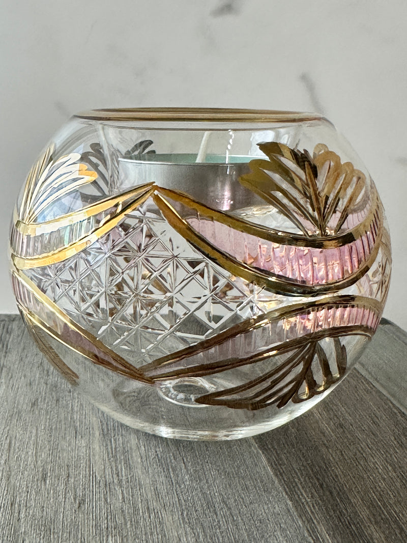 Egyptian Hand Blown Glass Tea Light Holder - Pink Etched Glass