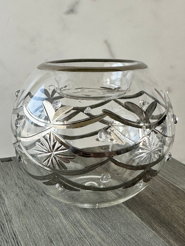 Egyptian Hand Blown Glass Tea Light Holder - Clear Glass-Silver Design