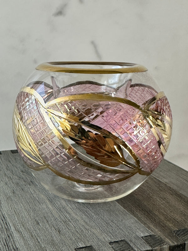 Egyptian Hand Blown Glass Tea Light Holder - Pink Glass-Gold Leave Design