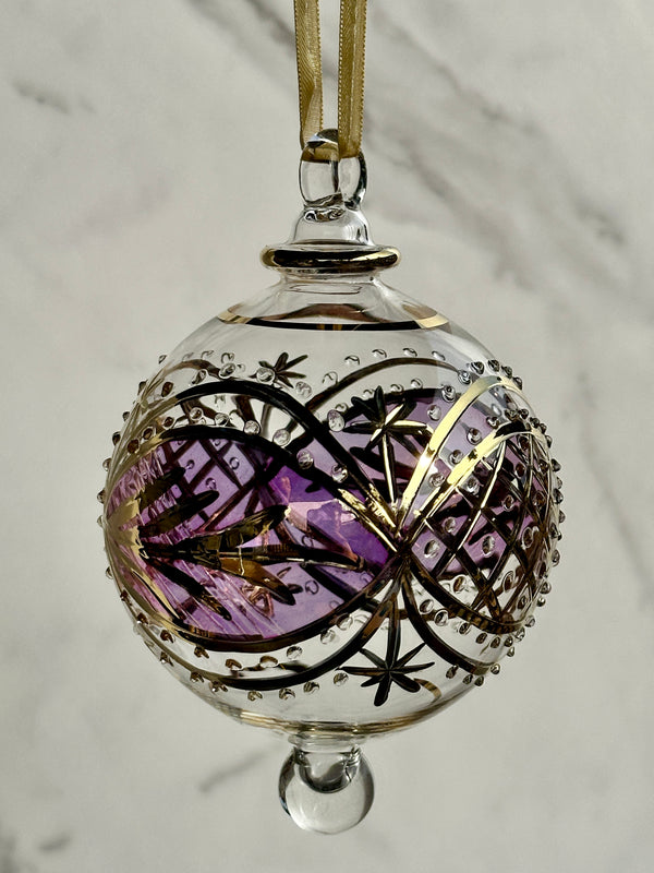 Large Crystal Ball w/ Hand Painted Gold Design - Egyptian Hand Blown Glass Ornament