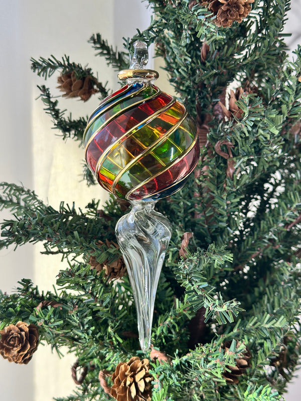 Multi Color Globe End with Crystal Stem Ornament - Egyptian Hand Blown Glass