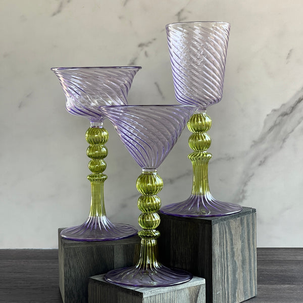 The Royal light Purple & Olive Goblet Swirl Glass (Set of 3)