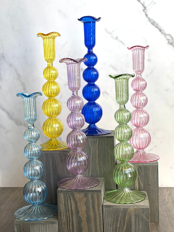 Handblown Short Puffed  Swirl Glass Candle Stick