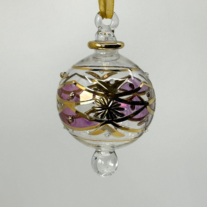 Small Crystal Globe w/ Pink Glass Ends & Hand Painted Designs- Egyptian Hand Blown Glass Ornament