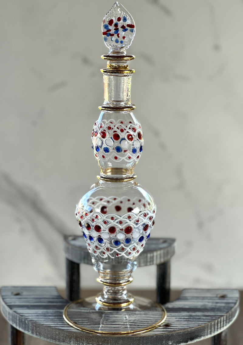 One of Kind Egyptian Handblown Geometric/Dot Drinking Set 14K Gold Trim Clear/Natural Multi Color (7 PCS)