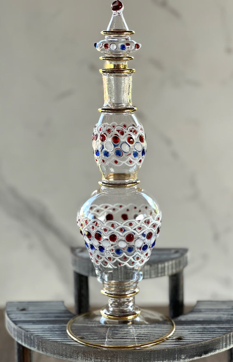 One of Kind Egyptian Handblown Geometric/Dot Drinking Set 14K Gold Trim Clear/Natural Multi Color (7 PCS)