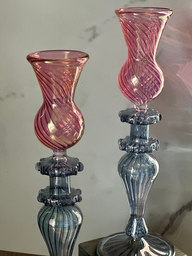 Handblown Swirl Glass Candle Holders - Set of 2 Red/Green