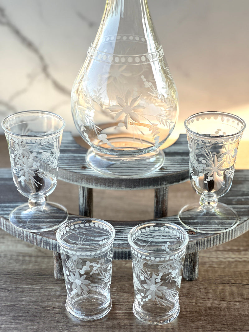 One of Kind Egyptian Handblown Etched Floral Drinking Set (9PCS)