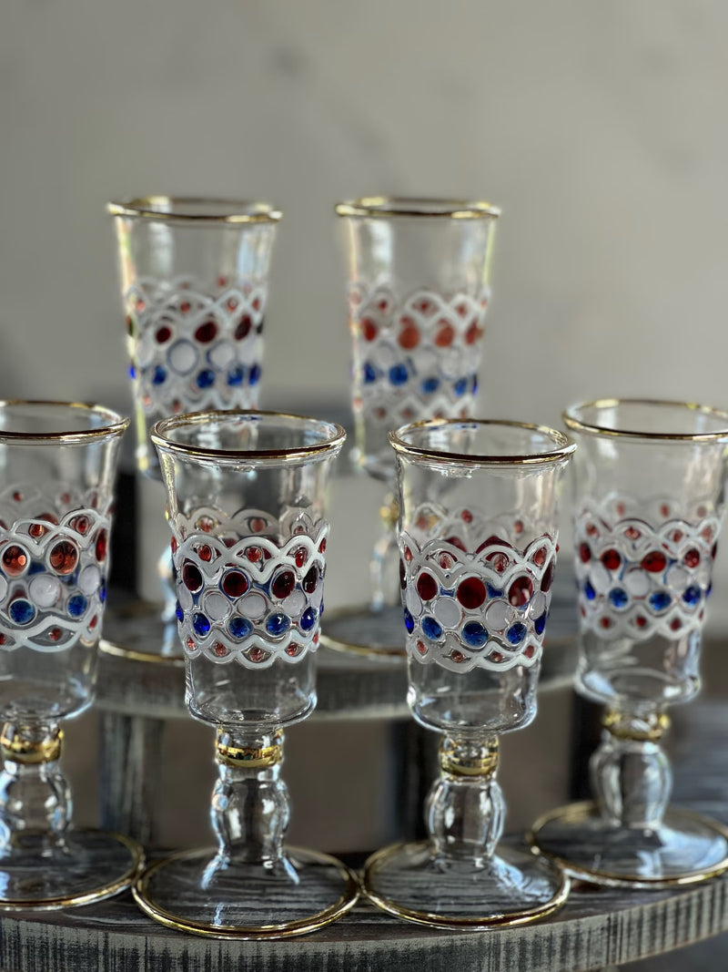 One of Kind Egyptian Handblown Geometric/Dot Drinking Set 14K Gold Trim Clear/Natural Multi Color (7 PCS)