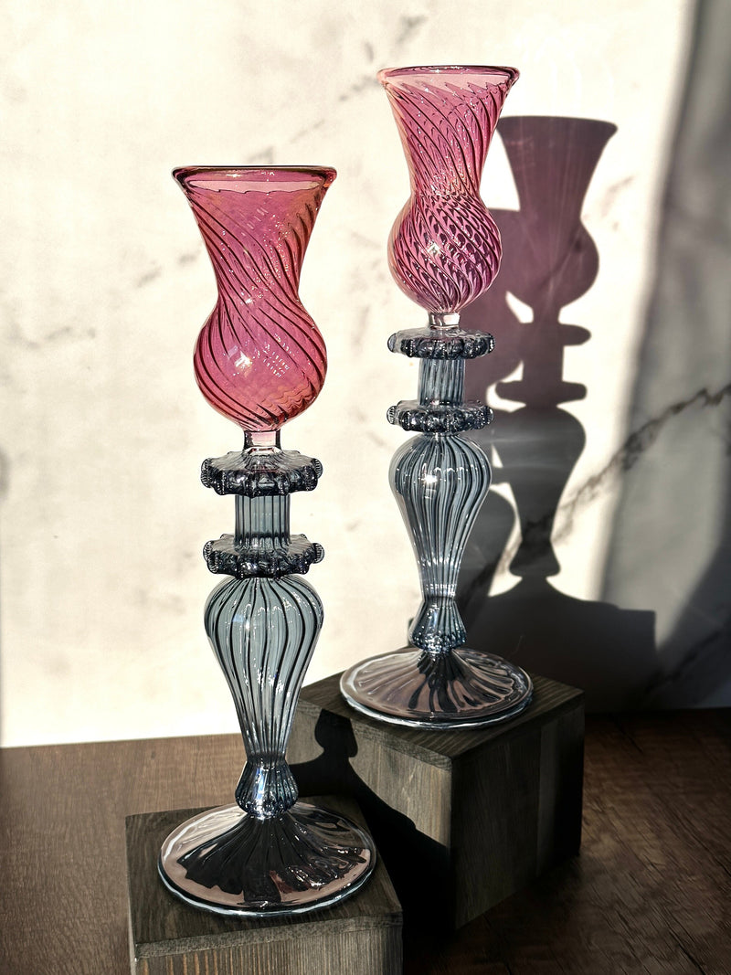 Handblown Swirl Glass Candle Holders - Set of 2 Red/Green