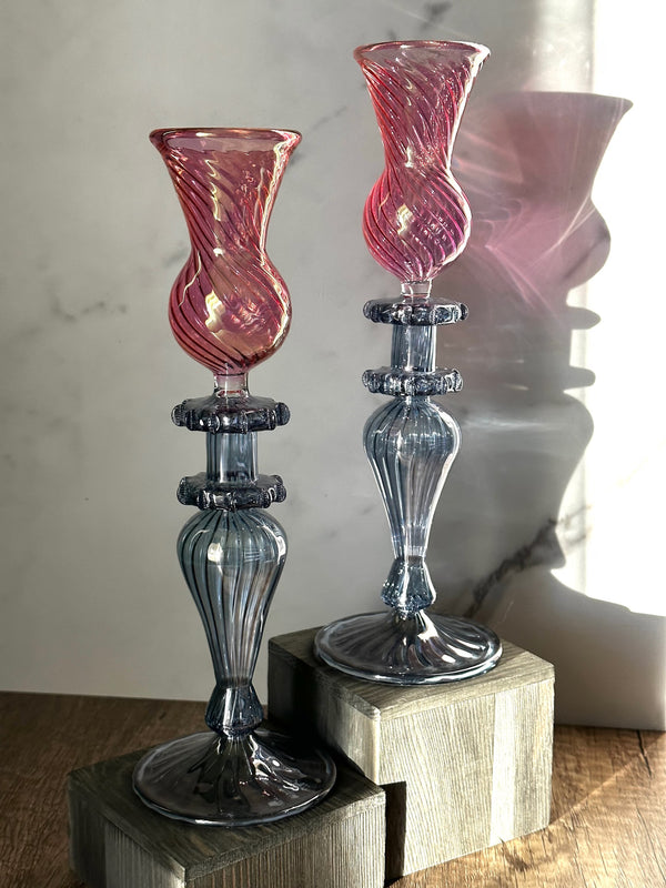 Handblown Swirl Glass Candle Holders - Set of 2 Red/Green