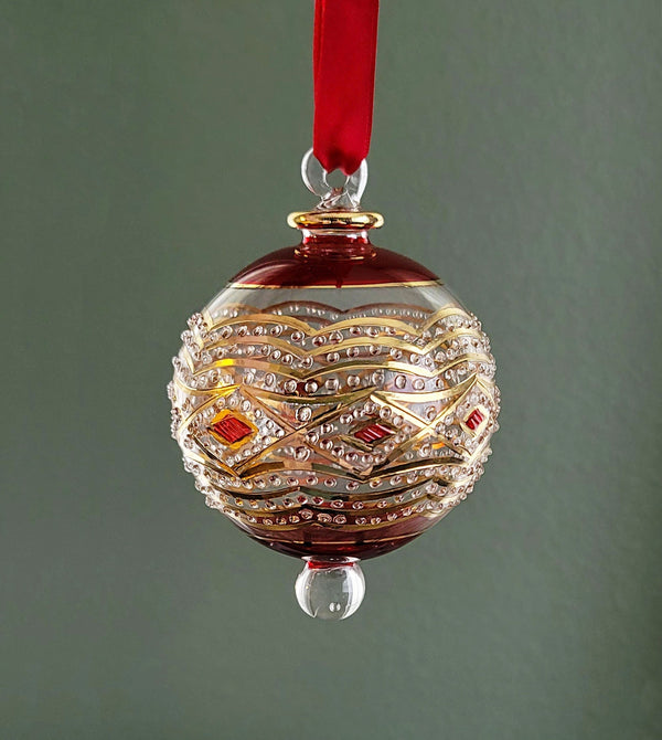 Large Crystal Globe w/ Gold Geometric Design & Red Ends Glass- Egyptian Hand Blown Glass Ornament