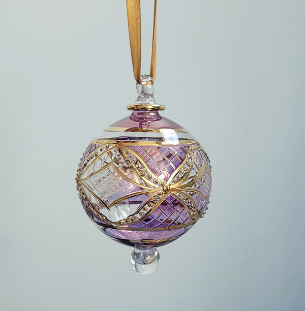 Large Crystal Globe w/ Purple Glass Ends - Egyptian Hand Blown Glass Ornament