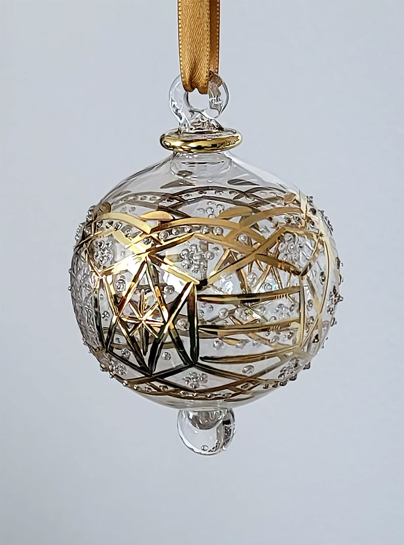 Large Crystal Ball w/ Hand Painted Gold Design - Egyptian Hand Blown Glass Ornament