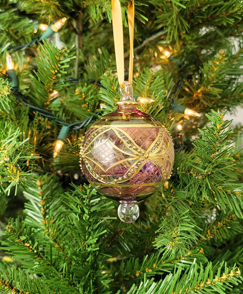 Large Crystal Globe w/ Purple Glass Ends - Egyptian Hand Blown Glass Ornament