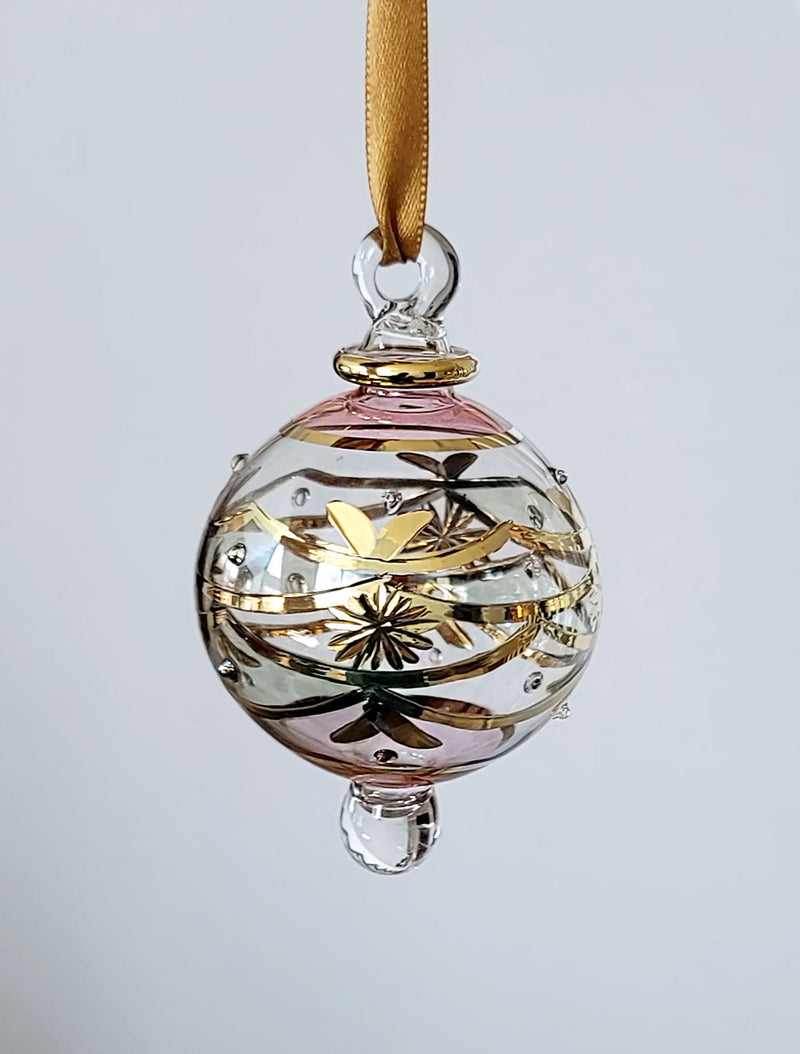 Small Crystal Globe w/ Pink Glass Ends & Hand Painted Designs- Egyptian Hand Blown Glass Ornament