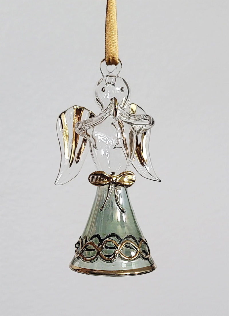 Handmade Egyptian Hand Blown Glass Angel Bell Ornament with Gold Accents, Praying Guardian Angel Christmas Tree Ornament, Xmas Decorations