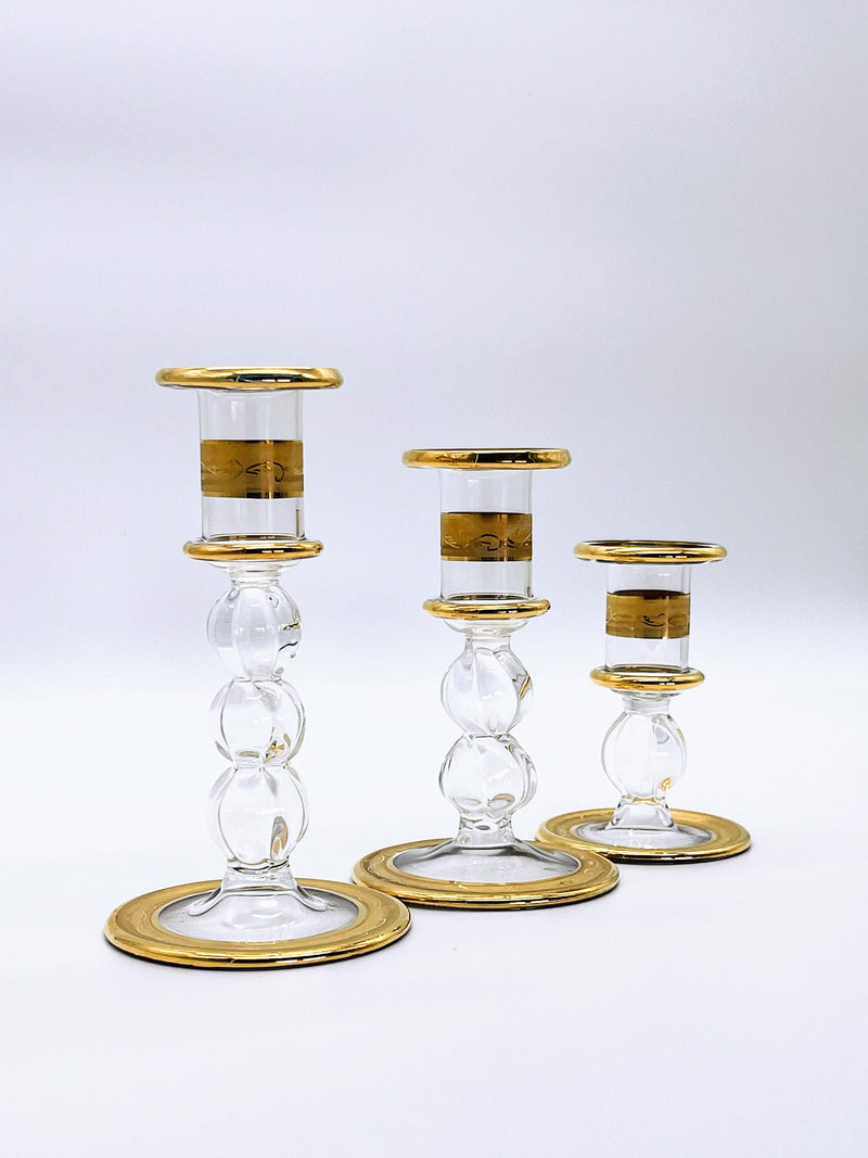 Handblown Quartz Gold Candle Holders Set of 3