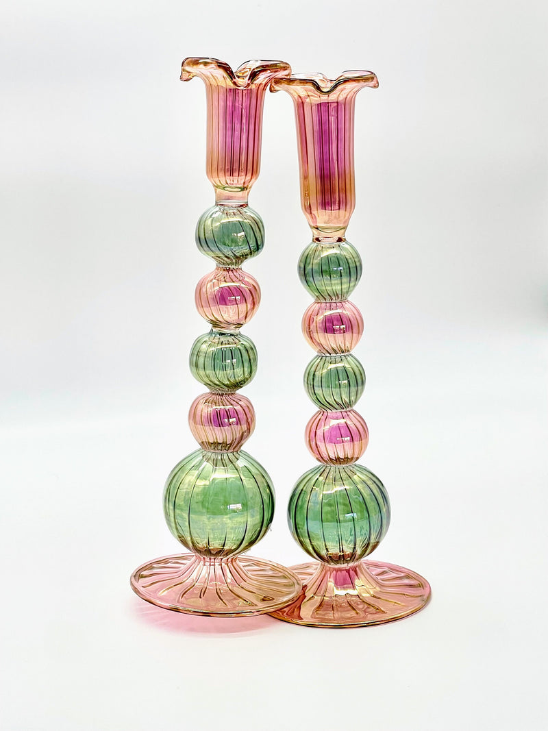 Handblown Tall Swirl Bubble Candle Holders - Set of 2 Pink/Green