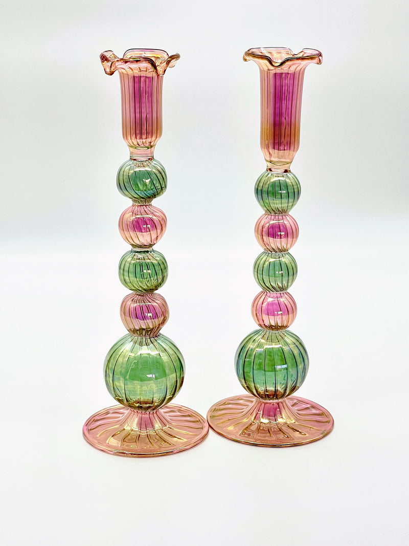 Handblown Tall Swirl Bubble Candle Holders - Set of 2 Pink/Green