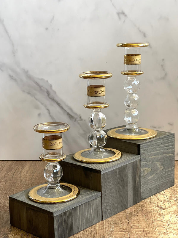 Handblown Quartz Gold Candle Holders Set of 3