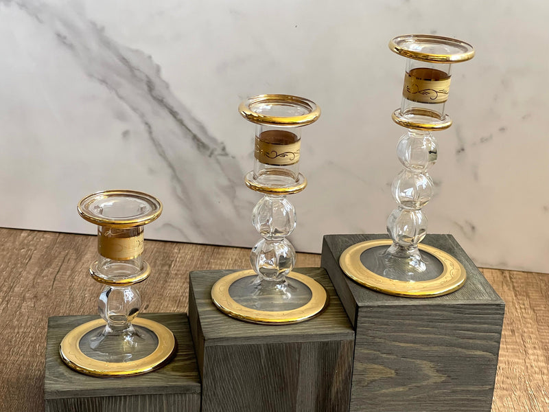 Handblown Quartz Gold Candle Holders Set of 3