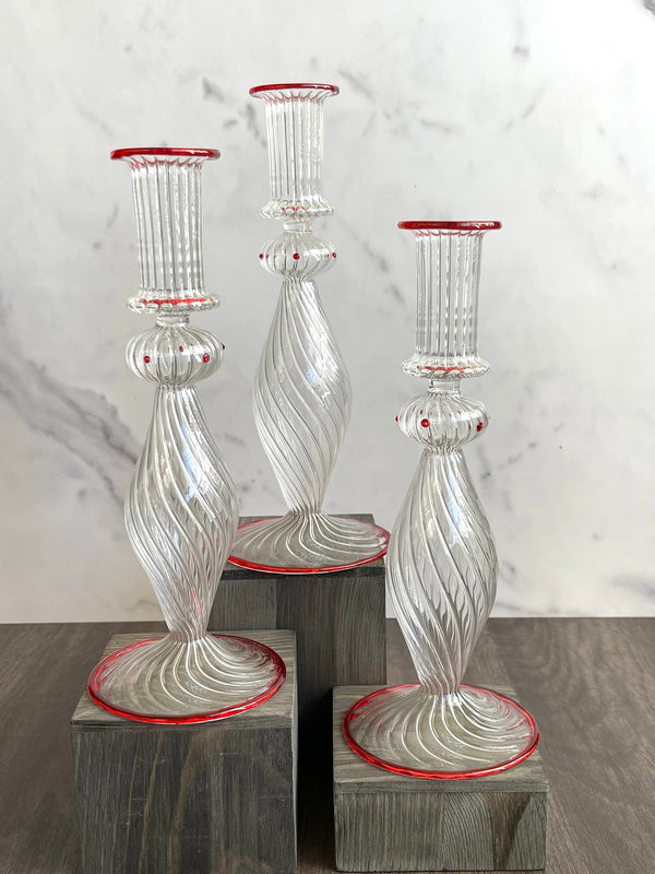 Handblown Sphere/Oval Swirl Candle Stick Holders Clear/Red Liner w/ Dots Design