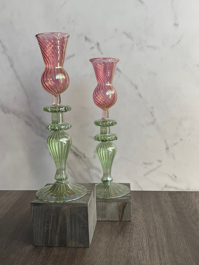 Handblown Swirl Glass Candle Holders - Set of 2 Red/Green