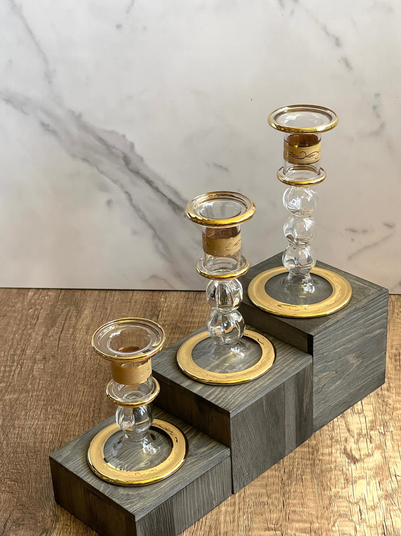 Handblown Quartz Gold Candle Holders Set of 3