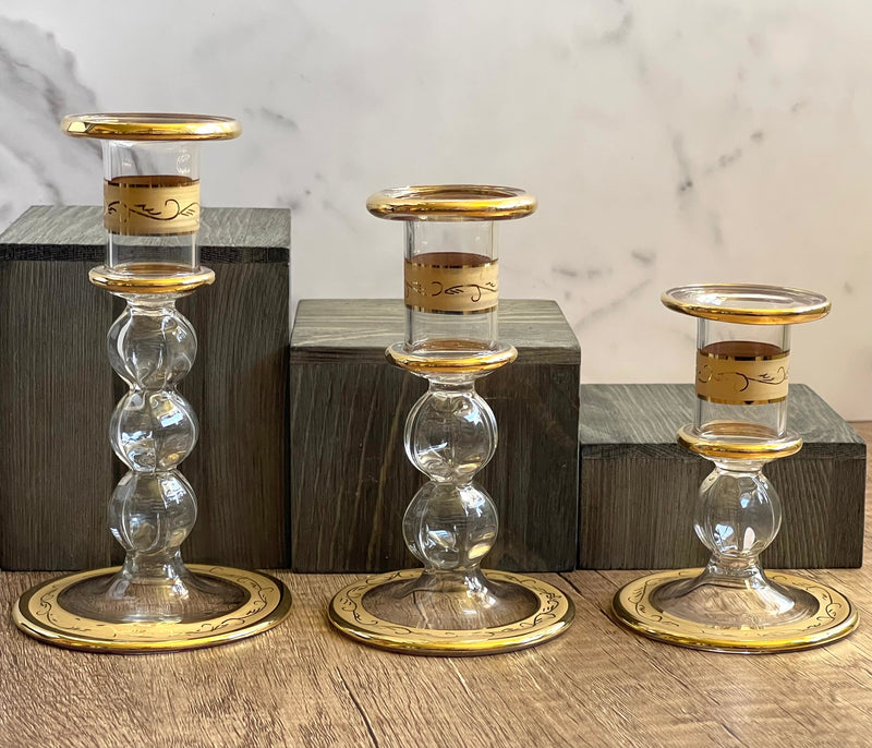 Handblown Quartz Gold Candle Holders Set of 3