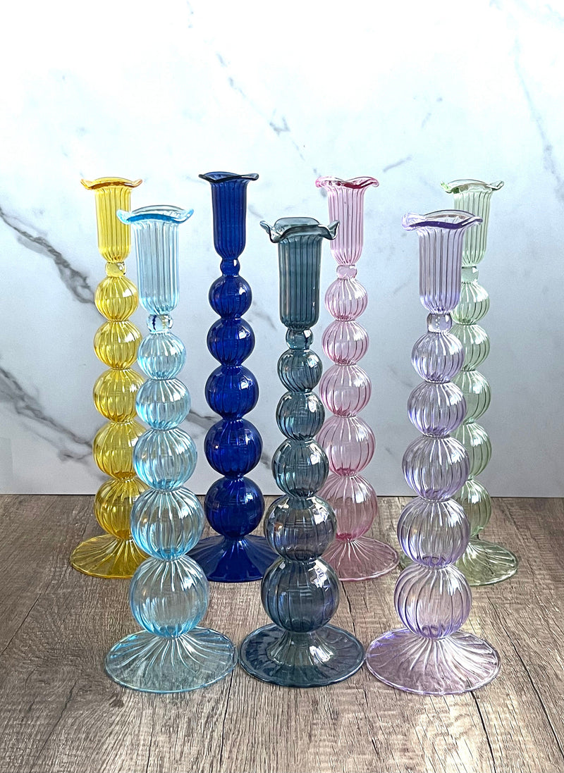 Handblown Tall Puffed Swirl Glass Candle Stick