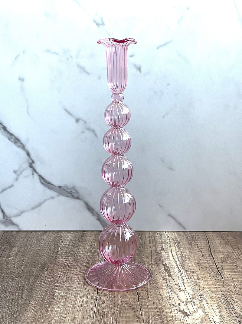 Handblown Tall Puffed Swirl Glass Candle Stick