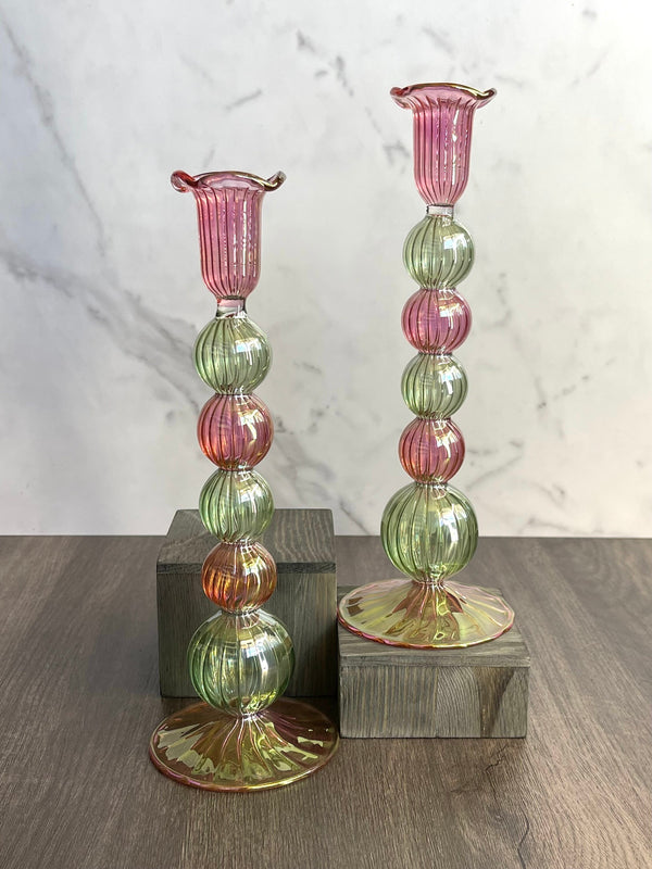 Handblown Tall Swirl Bubble Candle Holders - Set of 2 Pink/Green