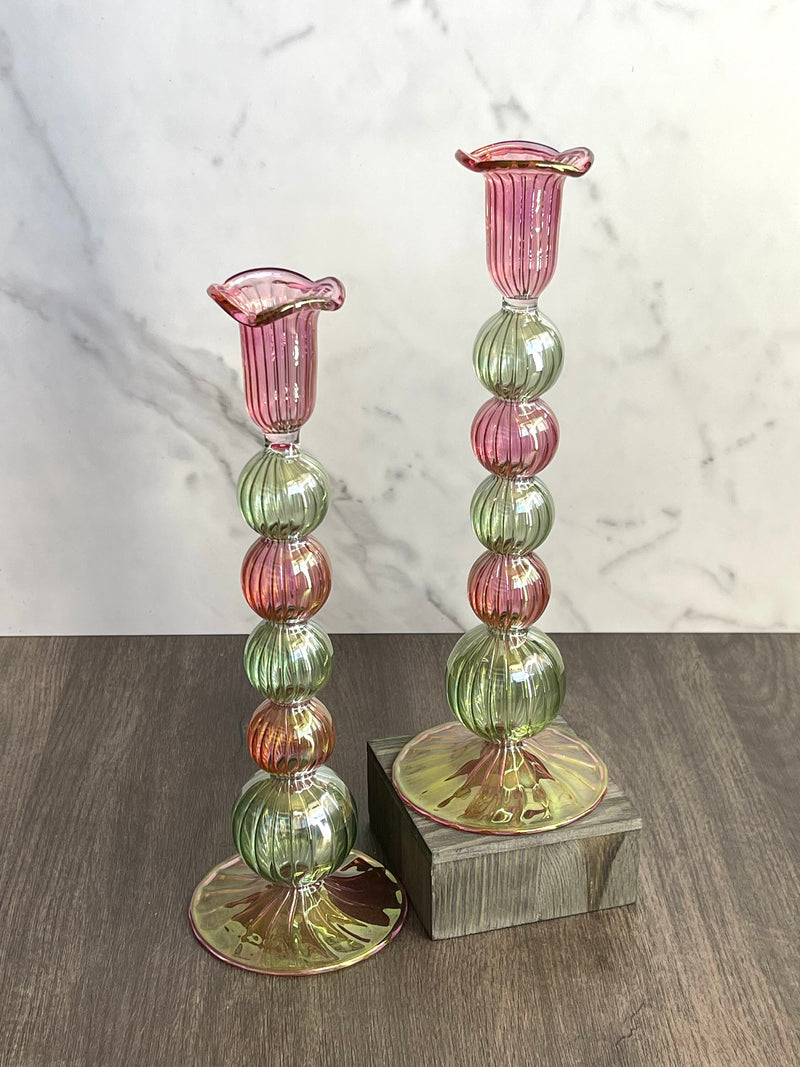 Handblown Tall Swirl Bubble Candle Holders - Set of 2 Pink/Green