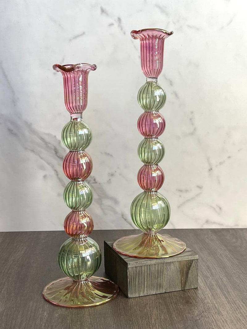 Handblown Tall Swirl Bubble Candle Holders - Set of 2 Pink/Green