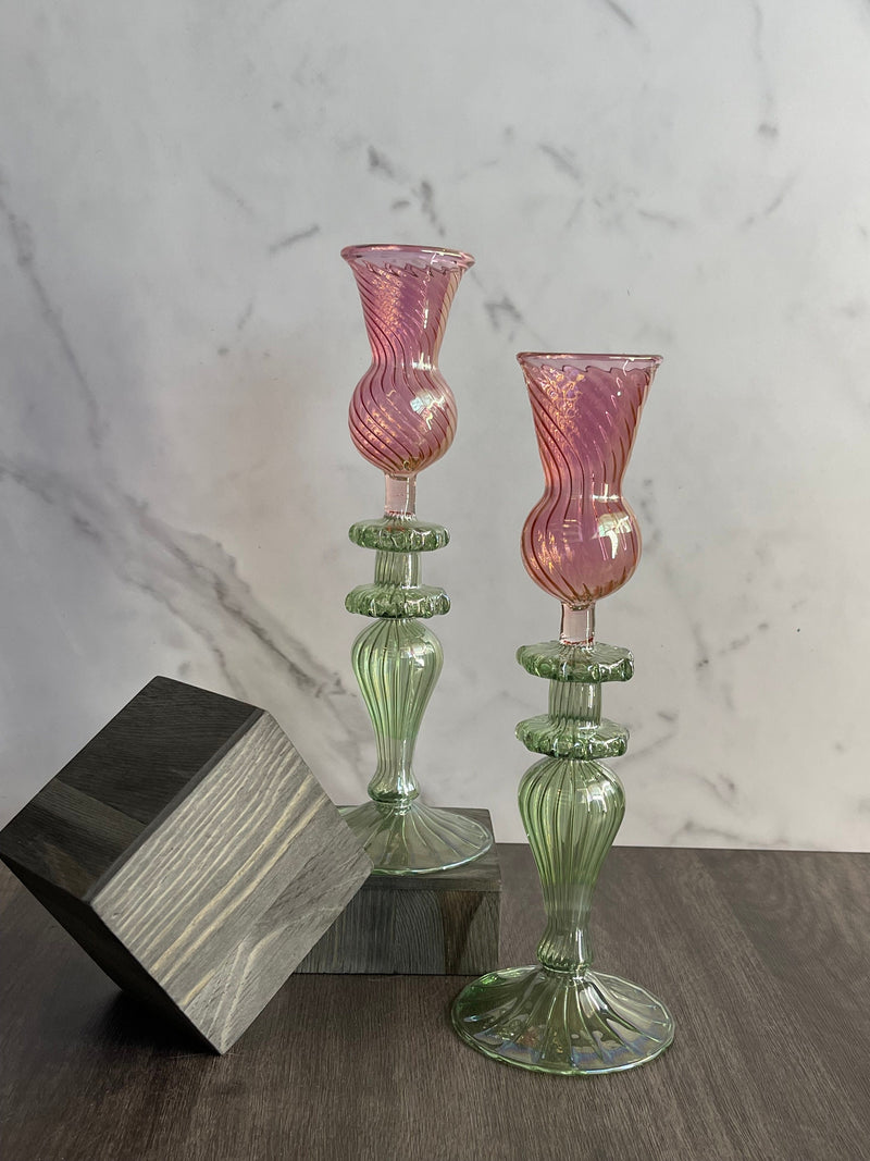 Handblown Swirl Glass Candle Holders - Set of 2 Red/Green