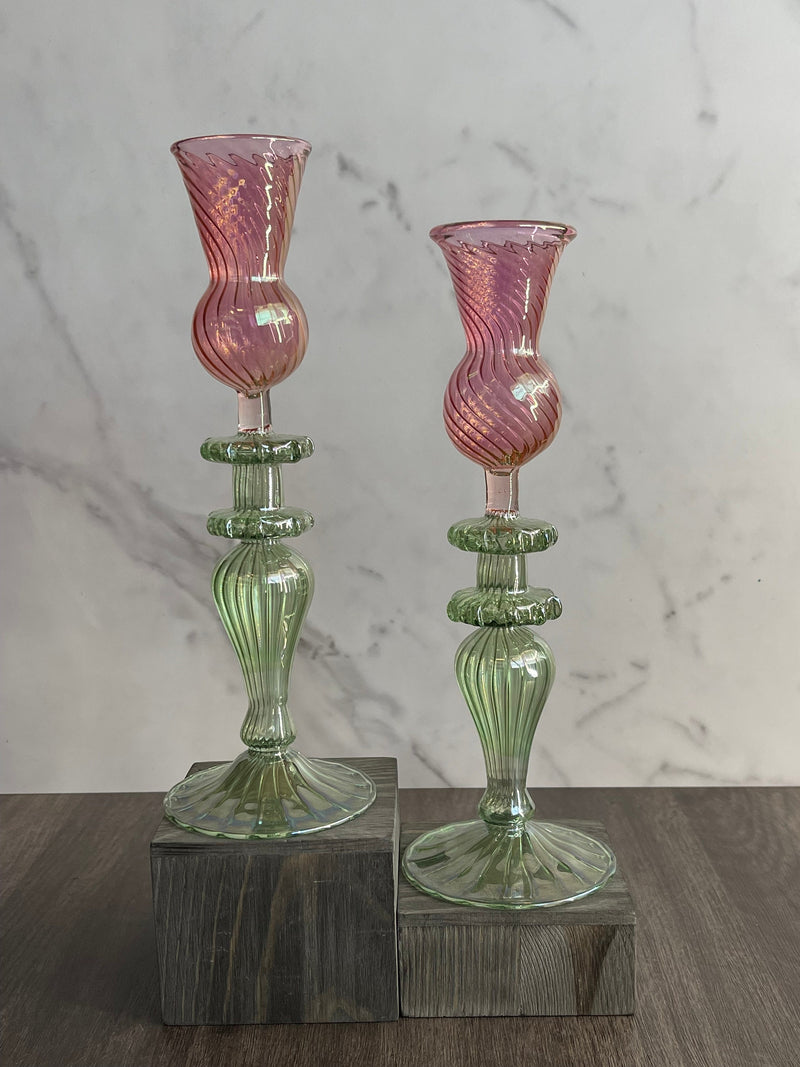 Handblown Swirl Glass Candle Holders - Set of 2 Red/Green