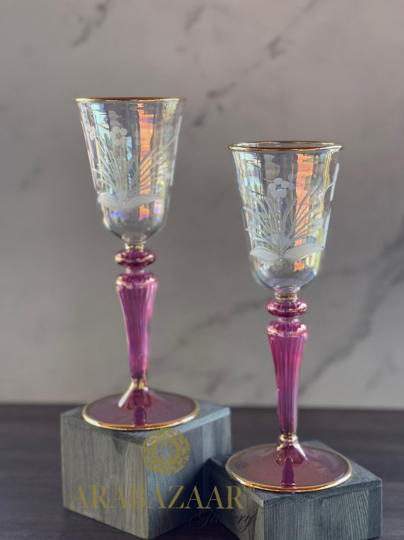 Egyptian Handblown Dark Rose Embossed Etched Goblet 14K Gold lining (Set of 2)