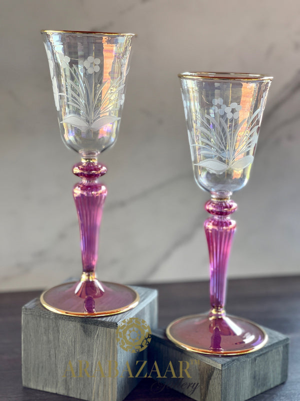 Egyptian Handblown Dark Rose Embossed Etched Goblet 14K Gold lining (Set of 2)