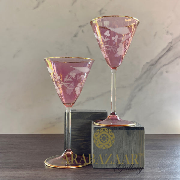 Egyptian Handblown Vintage Pink Etched Goblet with 14K Gold lining (Set of 2)