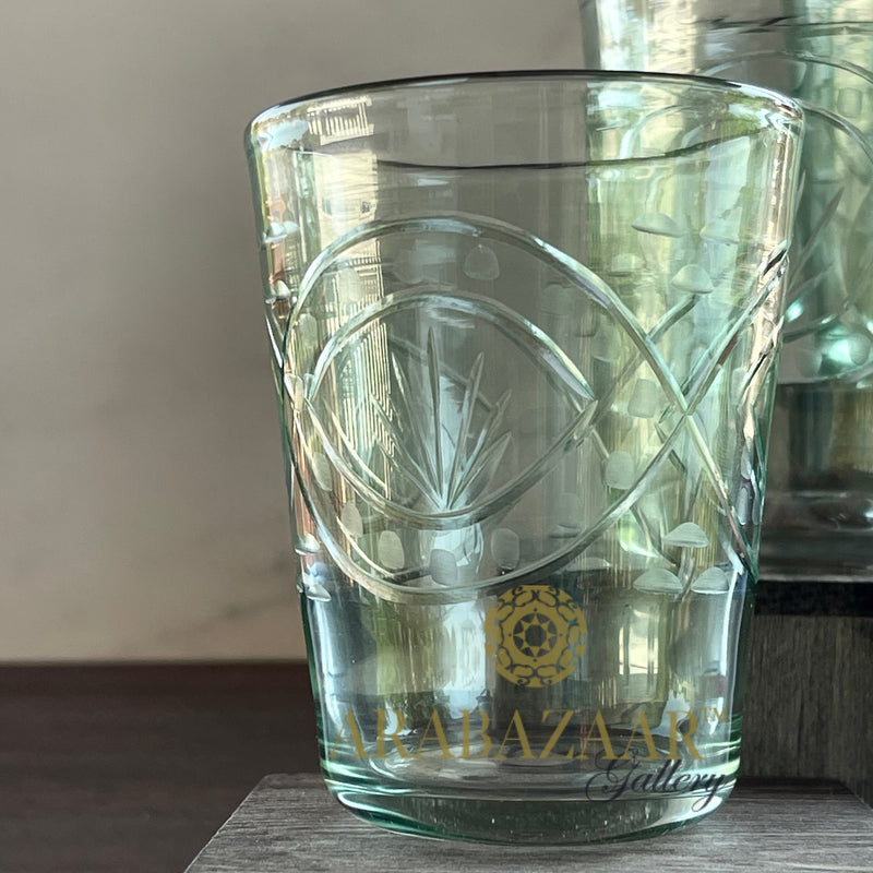 Egyptian Handblown Vintage Green Etched Tumbler  (Set of 3)