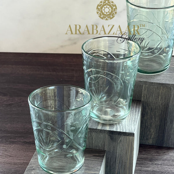 Egyptian Handblown Vintage Green Etched Tumbler  (Set of 3)