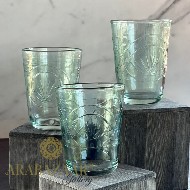 Egyptian Handblown Vintage Green Etched Tumbler  (Set of 3)