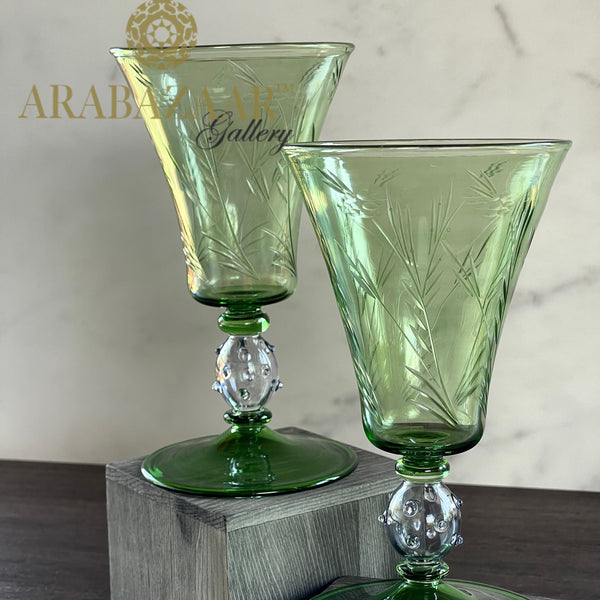 Egyptian Handblown Green Embossed Etched Goblet (Set of 2)