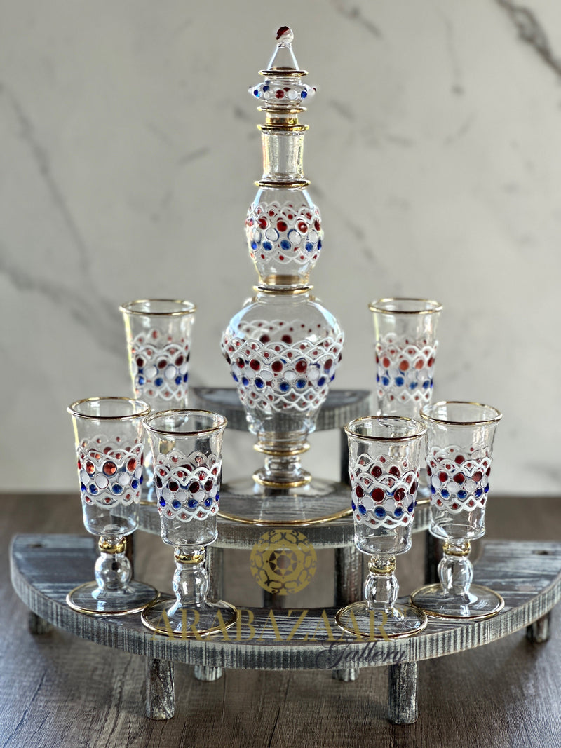 One of Kind Egyptian Handblown Geometric/Dot Drinking Set 14K Gold Trim Clear/Natural Multi Color (7 PCS)