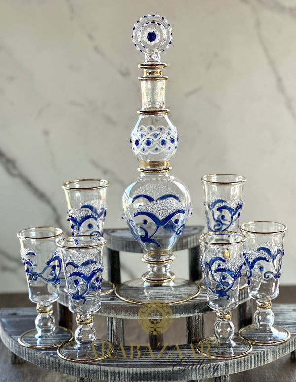 One of Kind Egyptian Handblown Small Royal Drinking Set 14K Gold Trim Clear/Blue (7 PCS)