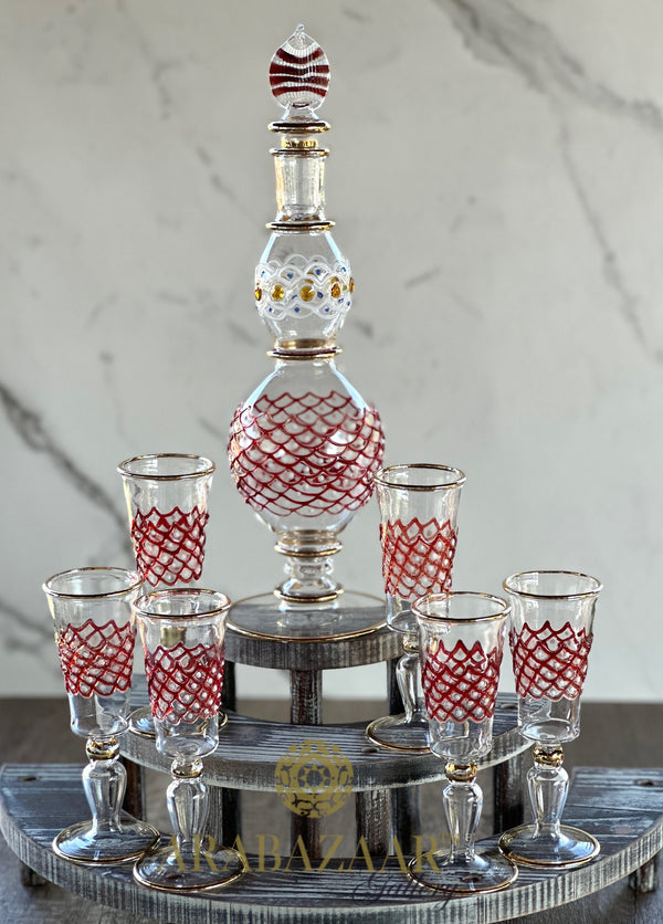 One of Kind Geometric Design Drinking Set 14K Gold Trim Clear/Natural Red Color (7 PCS)